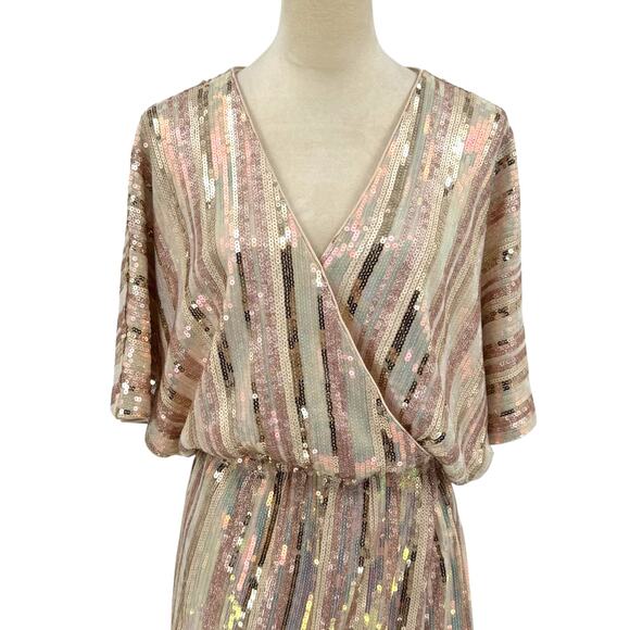 Karlie Sequin Gold Glitter Stripe Faux Wrap V-neck Mini Party Dress - Picture 8 of 16